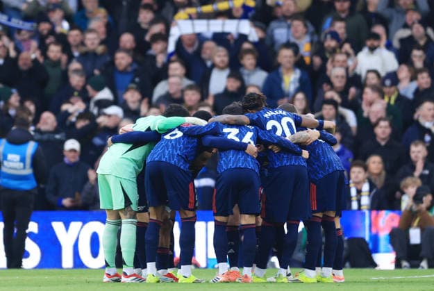 Leeds, England, 31st January 2026. Arsenal Huddle during the Leeds United vs Arsenal Premier League match at Elland Road, Leeds. Picture credit should read: Jessica Hornby Sportimage EDITORIAL USE ONLY. No use with unauthorised audio, video, data, fixture lists, club league logos or live services. Online in-match use limited to 120 images, no video emulation. No use in betting, games or single club league player publications. SPI_045_JH_LEEDS_ARSENAL SPI-4494-0042