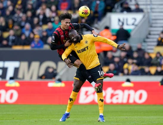 Wolverhampton, England, 31st January 2026. James Hill of Bournemouth tussles with Tolu Arokodare of Wolverhampton Wanderers during the Wolverhampton Wanderers vs AFC Bournemouth Premier League match at Molineux, Wolverhampton. Picture credit should read: Andrew Yates Sportimage EDITORIAL USE ONLY. No use with unauthorised audio, video, data, fixture lists, club league logos or live services. Online in-match use limited to 120 images, no video emulation. No use in betting, games or single club league player publications. SPI_026_AY_Wolves_Bmouth SPI-4493-0026