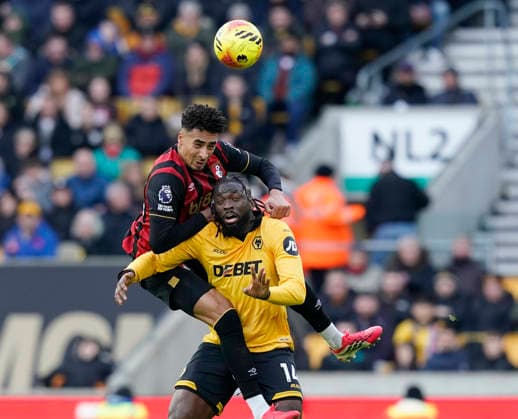 Wolverhampton, England, 31st January 2026. James Hill of Bournemouth tussles with Tolu Arokodare of Wolverhampton Wanderers during the Wolverhampton Wanderers vs AFC Bournemouth Premier League match at Molineux, Wolverhampton. Picture credit should read: Andrew Yates Sportimage EDITORIAL USE ONLY. No use with unauthorised audio, video, data, fixture lists, club league logos or live services. Online in-match use limited to 120 images, no video emulation. No use in betting, games or single club league player publications. SPI_027_AY_Wolves_Bmouth SPI-4493-0027
