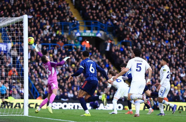 Leeds, England, 31st January 2026. Martin Zubimendi of Arsenal (Hidden) scores the first goal during the Leeds United vs Arsenal Premier League match at Elland Road, Leeds. Picture credit should read: Jessica Hornby Sportimage EDITORIAL USE ONLY. No use with unauthorised audio, video, data, fixture lists, club league logos or live services. Online in-match use limited to 120 images, no video emulation. No use in betting, games or single club league player publications. SPI_052_JH_LEEDS_ARSENAL SPI-4494-0051