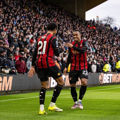 31st January 2026; Molineux Stadium, Wolverhampton, West Midlands, England; Premier League Football, Wolverhampton Wanderers versus Bournemouth; Eli Junior Kroupi of AFC Bournemouth celebrates with Amine Adli after scoring in the 33rd minute to make the score 0-1  GodfreyxPitt Content restricted for UK based newspaper