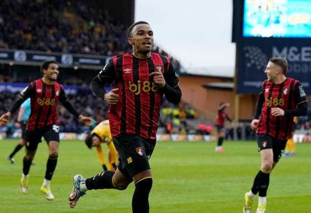 Wolverhampton, England, 31st January 2026. Eli Junior Kroupi of Bournemouth celebrates scoring the first goal during the Wolverhampton Wanderers vs AFC Bournemouth Premier League match at Molineux, Wolverhampton. Picture credit should read: Andrew Yates Sportimage EDITORIAL USE ONLY. No use with unauthorised audio, video, data, fixture lists, club league logos or live services. Online in-match use limited to 120 images, no video emulation. No use in betting, games or single club league player publications. SPI_032_AY_Wolves_Bmouth SPI-4493-0032