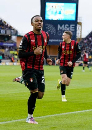 Wolverhampton, England, 31st January 2026. Eli Junior Kroupi of Bournemouth celebrates scoring the first goal during the Wolverhampton Wanderers vs AFC Bournemouth Premier League match at Molineux, Wolverhampton. Picture credit should read: Andrew Yates Sportimage EDITORIAL USE ONLY. No use with unauthorised audio, video, data, fixture lists, club league logos or live services. Online in-match use limited to 120 images, no video emulation. No use in betting, games or single club league player publications. SPI_034_AY_Wolves_Bmouth SPI-4493-0034