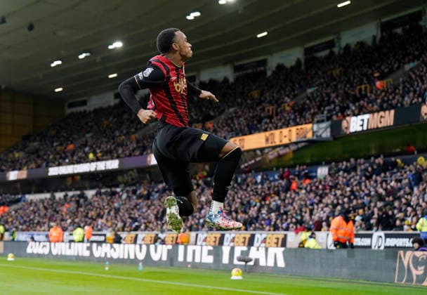 Wolverhampton, England, 31st January 2026. Eli Junior Kroupi of Bournemouth celebrates scoring the first goal during the Wolverhampton Wanderers vs AFC Bournemouth Premier League match at Molineux, Wolverhampton. Picture credit should read: Andrew Yates Sportimage EDITORIAL USE ONLY. No use with unauthorised audio, video, data, fixture lists, club league logos or live services. Online in-match use limited to 120 images, no video emulation. No use in betting, games or single club league player publications. SPI_036_AY_Wolves_Bmouth SPI-4493-0036