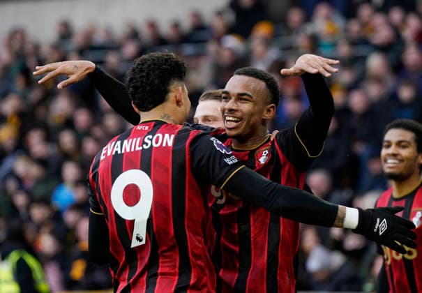 Wolverhampton, England, 31st January 2026. Eli Junior Kroupi of Bournemouth celebrates scoring the first goal during the Wolverhampton Wanderers vs AFC Bournemouth Premier League match at Molineux, Wolverhampton. Picture credit should read: Andrew Yates Sportimage EDITORIAL USE ONLY. No use with unauthorised audio, video, data, fixture lists, club league logos or live services. Online in-match use limited to 120 images, no video emulation. No use in betting, games or single club league player publications. SPI_039_AY_Wolves_Bmouth SPI-4493-0039