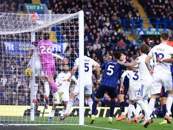 Leeds, England, 31st January 2026. Arsenal score their second goal which went down as an own goal during the Leeds United vs Arsenal Premier League match at Elland Road, Leeds. Picture credit should read: Jessica Hornby Sportimage EDITORIAL USE ONLY. No use with unauthorised audio, video, data, fixture lists, club league logos or live services. Online in-match use limited to 120 images, no video emulation. No use in betting, games or single club league player publications. SPI_058_JH_LEEDS_ARSENAL SPI-4494-0058