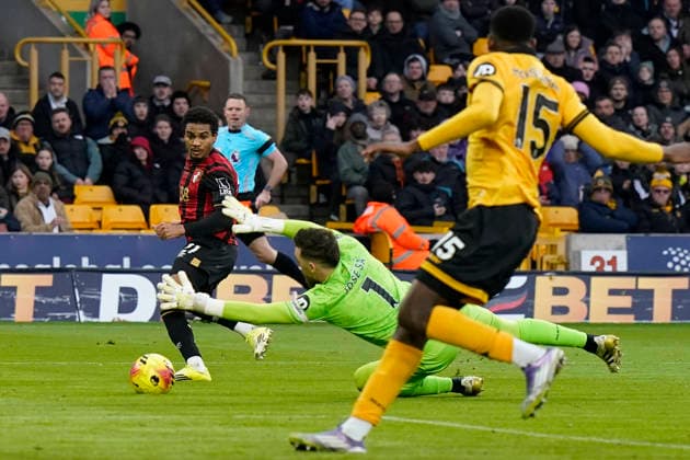 Leeds, England, 31st January 2026. Jose Sa of Wolverhampton Wanderers saves from Amine Adli of Bournemouth during the Leeds United vs Arsenal Premier League match at Elland Road, Leeds. Picture credit should read: Jessica Hornby Sportimage EDITORIAL USE ONLY. No use with unauthorised audio, video, data, fixture lists, club league logos or live services. Online in-match use limited to 120 images, no video emulation. No use in betting, games or single club league player publications. SPI_041_AY_Wolves_Bmouth SPI-4494-0061