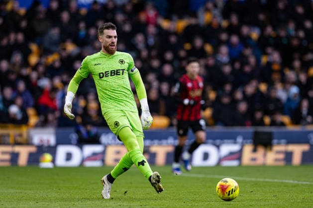 31st January 2026; Molineux Stadium, Wolverhampton, West Midlands, England; Premier League Football, Wolverhampton Wanderers versus Bournemouth; Jose Sa of Wolverhampton Wanderers passes the ball  GodfreyxPitt Content restricted for UK based newspaper