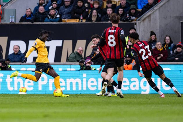 31st January 2026; Molineux Stadium, Wolverhampton, West Midlands, England; Premier League Football, Wolverhampton Wanderers versus Bournemouth; Mateus Mane of Wolverhampton Wanderers shoots at goal  GodfreyxPitt Content restricted for UK based newspaper