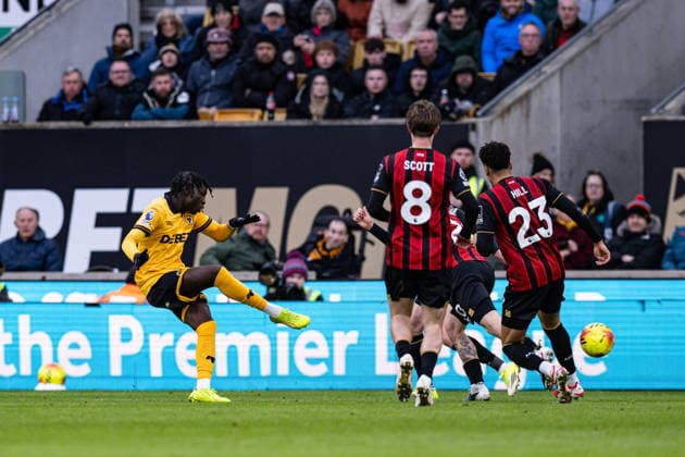 31st January 2026; Molineux Stadium, Wolverhampton, West Midlands, England; Premier League Football, Wolverhampton Wanderers versus Bournemouth; Mateus Mane of Wolverhampton Wanderers shoots at goal  GodfreyxPitt Content restricted for UK based newspaper