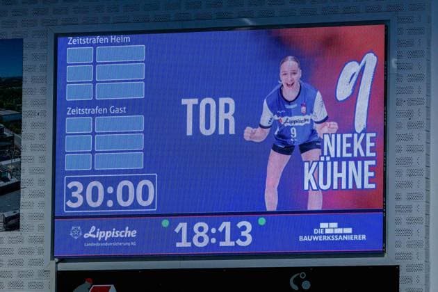 Halbzeitstand auf der Anzeigetafel in der Sporthalle Ulmenallee GER, HSG Blomberg-Lippe vs. BSV Sachsen Zwickau, Handball, 1. Bundesliga Frauen, 15. Spieltag, 31.01.2026 GER, HSG Blomberg-Lippe vs. BSV Sachsen Zwickau, Handball, 1. Bundesliga Frauen, 15. Spieltag, 31.01.2026 Blomberg Copyright: xEibner-Pressefoto JanxRollingerx EP_JSK