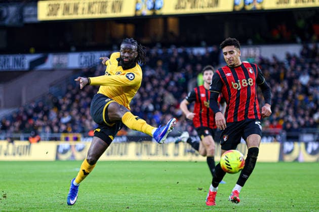Tolu Arokodare (14 Wolves) takes a shot during the Premier League football match between Wolverhampton Wanderers and Bournemouth at Molineux stadium in Wolverhampton, England Copyright: xNataliexMincher SPPx Sportspressphoto_SPR87275