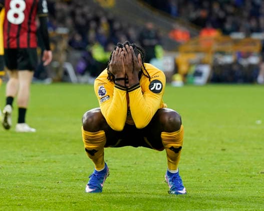 Wolverhampton, England, 31st January 2026. Tolu Arokodare of Wolverhampton Wanderers rects after missing a chance during the Wolverhampton Wanderers vs AFC Bournemouth Premier League match at Molineux, Wolverhampton. Picture credit should read: Andrew Yates Sportimage EDITORIAL USE ONLY. No use with unauthorised audio, video, data, fixture lists, club league logos or live services. Online in-match use limited to 120 images, no video emulation. No use in betting, games or single club league player publications. SPI_052_AY_Wolves_Bmouth SPI-4493-0053