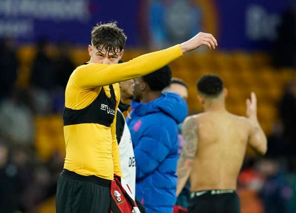 Wolverhampton, England, 31st January 2026. Jorgen Strand Larsen of Wolverhampton Wanderers reflects on his chances to score during the Wolverhampton Wanderers vs AFC Bournemouth Premier League match at Molineux, Wolverhampton. Picture credit should read: Andrew Yates Sportimage EDITORIAL USE ONLY. No use with unauthorised audio, video, data, fixture lists, club league logos or live services. Online in-match use limited to 120 images, no video emulation. No use in betting, games or single club league player publications. SPI_063_AY_Wolves_Bmouth SPI-4493-0061