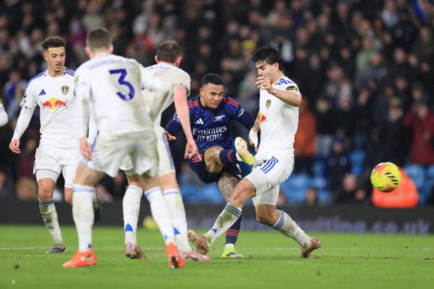 Football - Premier League - Leeds United v Arsenal 31st January 2026 - Premier League - Leeds United v Arsenal - Gabriel Jesus of Arsenal scores their 4th goal - Photo: Simon Stacpoole Offside. Leeds UK Copyright: xSimonxStacpoolexOffside