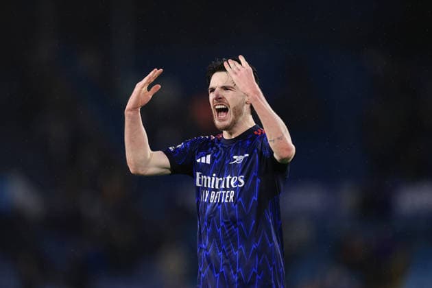 Football - Premier League - Leeds United v Arsenal 31st January 2026 - Premier League - Leeds United v Arsenal - Declan Rice of Arsenal celebrates after the match - Photo: Simon Stacpoole Offside. Leeds UK Copyright: xSimonxStacpoolexOffside
