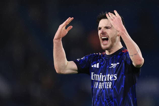 Football - Premier League - Leeds United v Arsenal 31st January 2026 - Premier League - Leeds United v Arsenal - Declan Rice of Arsenal celebrates after the match - Photo: Simon Stacpoole Offside. Leeds UK Copyright: xSimonxStacpoolexOffside