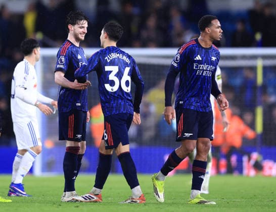 Leeds, England, 31st January 2026. Declan Rice of Arsenal and Martin Zubimendi of Arsenal enjoy the win during the Leeds United vs Arsenal Premier League match at Elland Road, Leeds. Picture credit should read: Jessica Hornby Sportimage EDITORIAL USE ONLY. No use with unauthorised audio, video, data, fixture lists, club league logos or live services. Online in-match use limited to 120 images, no video emulation. No use in betting, games or single club league player publications. SPI_085_JH_LEEDS_ARSENAL SPI-4494-0082