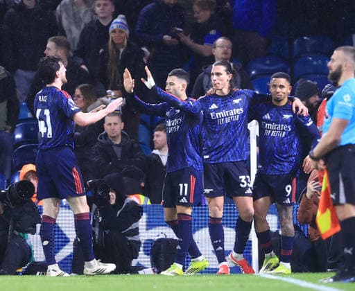 Leeds, England, 31st January 2026. Gabriel Jesus of Arsenal (r) celebrates scoring during the Leeds United vs Arsenal Premier League match at Elland Road, Leeds. Picture credit should read: Jessica Hornby Sportimage EDITORIAL USE ONLY. No use with unauthorised audio, video, data, fixture lists, club league logos or live services. Online in-match use limited to 120 images, no video emulation. No use in betting, games or single club league player publications. SPI_078_JH_LEEDS_ARSENAL SPI-4494-0090
