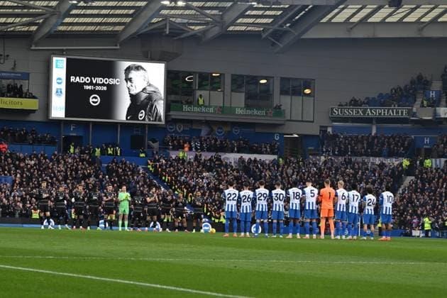 The Brighton & Hove Albion and Everton players observe minutes applause for Rado Vidoi before the Premier League match between Brighton and Hove Albion and Everton at the American Express Stadium, Brighton UK - Saturday 31st January 2026 Brighton v Everton Premier League Football, Amex Stadium, Sussex, UK - 31 Jan 2026Brighton Amex Stadium Sussex United Kingdom Editorial use only. No merchandising. For Football images FA and Premier League restrictions apply inc. no internet mobile usage without FAPL license - for details contact Football Dataco  Copyright: xLizxFinlayson TPI Shutterstockx 16497437as