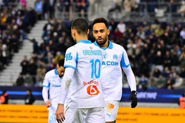 FOOTBALL : Paris FC vs Marseille - Ligue 1 - 31 01 2026 Pierre Emerick Aubameyang ( 97 - Olympique Marseille ) celebrates with Mason Greenwood ( 10 - Olympique Marseille ) during the Ligue 1 match between Paris FC and Olympique de Marseille at Stade Jean Bouin on January 31, 2026 in Paris, France. ( Photo by Federico Pestellini PsnewZ ) - ParisFrance  Copyright: xFedericoxPestellinix