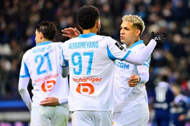 FOOTBALL : Paris FC vs Marseille - Ligue 1 - 31 01 2026 Pierre Emerick Aubameyang ( 97 - Olympique Marseille ) celebrates with teammates during the Ligue 1 match between Paris FC and Olympique de Marseille at Stade Jean Bouin on January 31, 2026 in Paris, France. ( Photo by Federico Pestellini PsnewZ ) - ParisFrance  Copyright: xFedericoxPestellinix