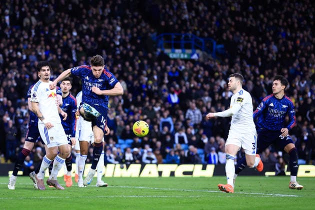 Leeds, England, 31st January 2026. Viktor Gyoekeres of Arsenal clears the ball during the Leeds United vs Arsenal Premier League match at Elland Road, Leeds. Picture credit should read: Jessica Hornby Sportimage EDITORIAL USE ONLY. No use with unauthorised audio, video, data, fixture lists, club league logos or live services. Online in-match use limited to 120 images, no video emulation. No use in betting, games or single club league player publications. SPI_095_JH_LEEDS_ARSENAL SPI-4494-0098