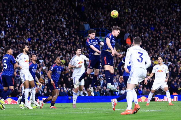 Leeds, England, 31st January 2026. Declan Rice of Arsenal heads the ball clear during the Leeds United vs Arsenal Premier League match at Elland Road, Leeds. Picture credit should read: Jessica Hornby Sportimage EDITORIAL USE ONLY. No use with unauthorised audio, video, data, fixture lists, club league logos or live services. Online in-match use limited to 120 images, no video emulation. No use in betting, games or single club league player publications. SPI_099_JH_LEEDS_ARSENAL SPI-4494-0102