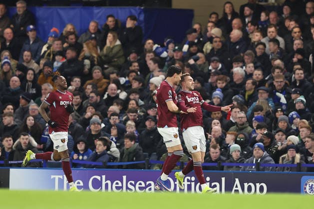 31st January 2026; Stamford Bridge, Chelsea, London, England: Premier League Football, Chelsea versus West Ham United; Jarrod Bowen of West Ham United celebrates his goal in the 7th minute for 0-1  KatiexChan Content restricted for UK based newspaper