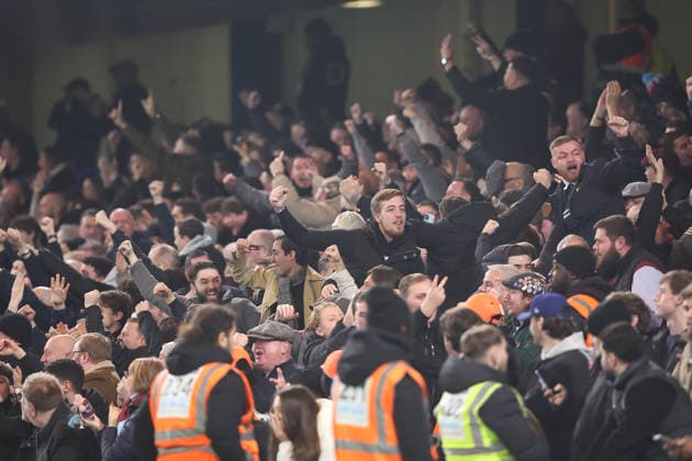 31st January 2026; Stamford Bridge, Chelsea, London, England: Premier League Football, Chelsea versus West Ham United; West Ham United fans celebrate their team goal by Jarrod Bowen in the 7th minute for 0-1  KatiexChan Content restricted for UK based newspaper