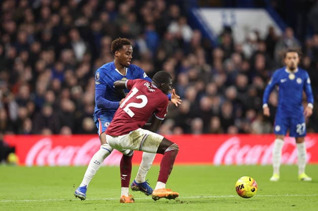 31st January 2026; Stamford Bridge, Chelsea, London, England: Premier League Football, Chelsea versus West Ham United; Jamie Gittens of Chelsea is tackled by El Hadji Malick Diouf of West Ham United  KatiexChan Content restricted for UK based newspaper