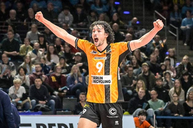 31.01.2026, xlakx, Volleyball 1.Bundesliga Herren, BR Volleys - FT 1844 Freiburg v.l. Nolan Flexen (BR Volleys) Jubel ueber den Punkt Berlin