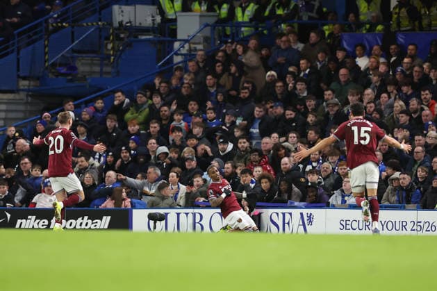 31st January 2026; Stamford Bridge, Chelsea, London, England: Premier League Football, Chelsea versus West Ham United; Crysencio Summerville of West Ham United celebrates his goal in the 36th minute for 0-2  KatiexChan Content restricted for UK based newspaper