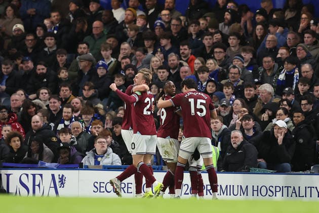 31st January 2026; Stamford Bridge, Chelsea, London, England: Premier League Football, Chelsea versus West Ham United; Crysencio Summerville of West Ham United celebrates his goal in the 36th minute for 0-2  KatiexChan Content restricted for UK based newspaper