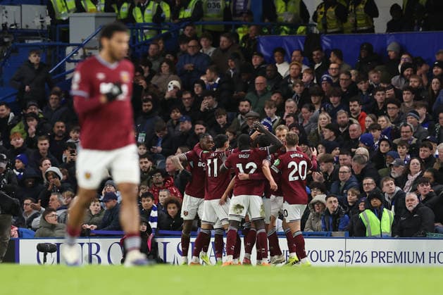 31st January 2026; Stamford Bridge, Chelsea, London, England: Premier League Football, Chelsea versus West Ham United; Crysencio Summerville of West Ham United celebrates his goal in the 36th minute for 0-2  KatiexChan Content restricted for UK based newspaper