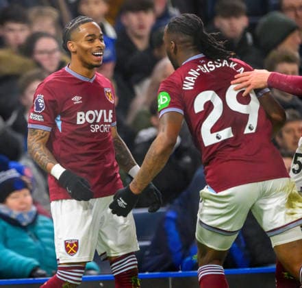 Chelsea v West Ham United - Premier League - Stamford Bridge - London. Chelsea v West Ham United - Premier League - Stamford Bridge - London. Crysencio Summerville celebrates his goal for West Ham.. Picture : Mark Pain LONDON England  Copyright: xMarkxPainx