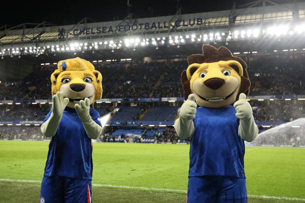 31st January 2026; Stamford Bridge, Chelsea, London, England: Premier League Football, Chelsea versus West Ham United; Chelsea mascots Bridget the Lioness and Stamford the Lion greeting fans during half time  KatiexChan Content restricted for UK based newspaper
