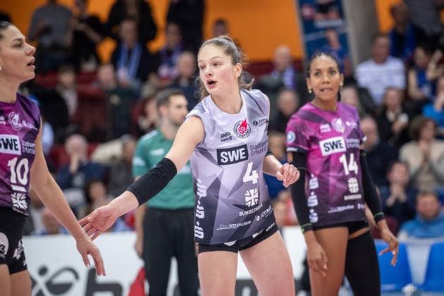 Lotte Goertz (Schwarze-Weiss Erfurt, 04) GER, Allianz MTV Stuttgart - Schwarz-Weiss Erfurt, Volleyball Bundesliga, VBL, Spielzeit 2025 2026, 31.01.2026 GER, Allianz MTV Stuttgart - Schwarz-Weiss Erfurt, Volleyball Bundesliga, VBL, Spielzeit 2025 2026, 31.01.2026 Stuttgart Copyright: xSandyxDinkelackerx EP_SDR