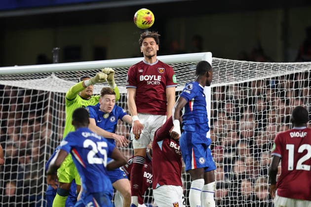 Chelsea v West Ham 28th January 2026, London - Premier League Football - Chelsea v West Ham United - Konstantinos Mavropanos of West Ham United heads the ball clear - Photo: Charlotte Wilson Offside. London UK  Copyright: xCharlottexWilsonx xOffsidexOffside