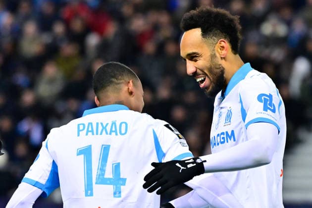 FOOTBALL : Paris FC vs Marseille - Ligue 1 - 31 01 2026 Pierre Emerick Aubameyang ( 97 - Olympique Marseille ) celebrates with Igor Paixao ( 14 - Olympique Marseille ) during the Ligue 1 match between Paris FC and Olympique de Marseille at Stade Jean Bouin on January 31, 2026 in Paris, France. ( Photo by Federico Pestellini PsnewZ ) - ParisFrance  Copyright: xFedericoxPestellinix