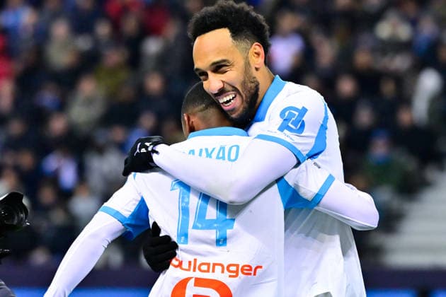 FOOTBALL : Paris FC vs Marseille - Ligue 1 - 31 01 2026 Pierre Emerick Aubameyang ( 97 - Olympique Marseille ) celebrates with Igor Paixao ( 14 - Olympique Marseille ) during the Ligue 1 match between Paris FC and Olympique de Marseille at Stade Jean Bouin on January 31, 2026 in Paris, France. ( Photo by Federico Pestellini PsnewZ ) - ParisFrance  Copyright: xFedericoxPestellinix