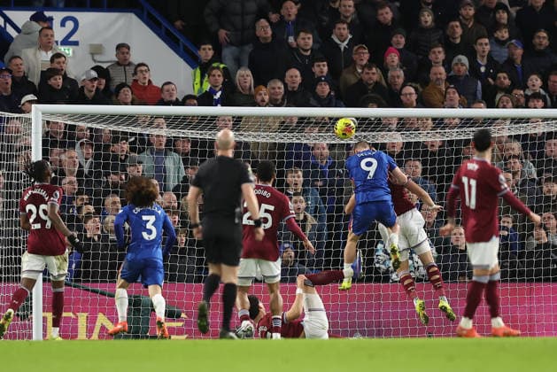 31st January 2026; Stamford Bridge, Chelsea, London, England: Premier League Football, Chelsea versus West Ham United; Liam Delap of Chelsea with a header hitting the bar and the rebound is scored by Marc Cucurella in the 70th minute for 2-2  KatiexChan Content restricted for UK based newspaper