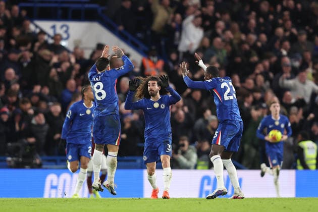 31st January 2026; Stamford Bridge, Chelsea, London, England: Premier League Football, Chelsea versus West Ham United; Marc Cucurella of Chelsea celebrates his goal in the 70th minute for 2-2  KatiexChan Content restricted for UK based newspaper