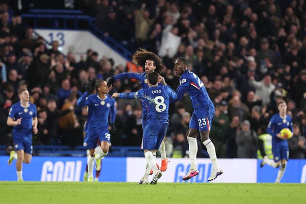 31st January 2026; Stamford Bridge, Chelsea, London, England: Premier League Football, Chelsea versus West Ham United; Marc Cucurella of Chelsea celebrates his goal in the 70th minute for 2-2  KatiexChan Content restricted for UK based newspaper