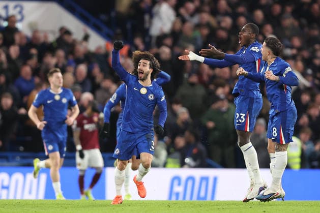 31st January 2026; Stamford Bridge, Chelsea, London, England: Premier League Football, Chelsea versus West Ham United; Marc Cucurella of Chelsea celebrates his goal in the 70th minute for 2-2  KatiexChan Content restricted for UK based newspaper