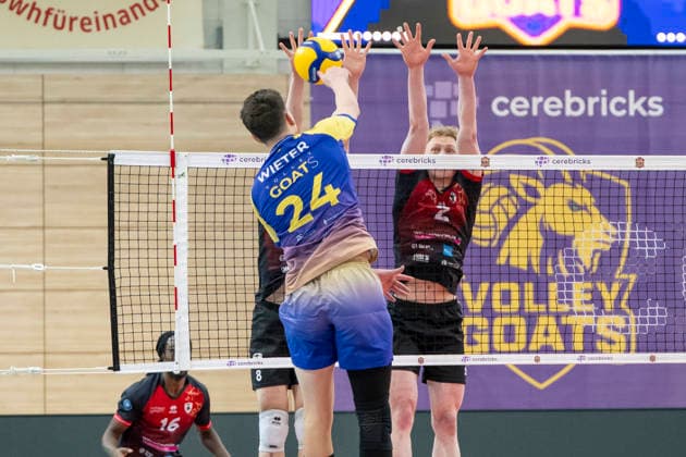 1.Volleyball Bundesliga -Saison 2025 2026 Cerebricks Volley Goats Mitteldeutschland vs.Barock Volleys MTV Ludwigsburg Halle, Deutschland 31. Januar 2026: Im Bild:v.li.Clay Wieter (Bitterfeld) und Philipp Herrmann (Ludwigsburg) Halle Saale swh.Arena Sachsen-Anhalt Deutschland