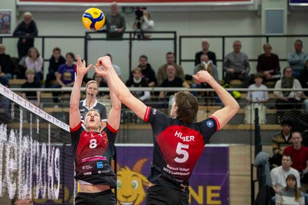 1.Volleyball Bundesliga -Saison 2025 2026 Cerebricks Volley Goats Mitteldeutschland vs.Barock Volleys MTV Ludwigsburg Halle, Deutschland 31. Januar 2026: Im Bild:v.li.Tomi Saarinen (Ludwigsburg) und Jan Huber (Ludwigsburg) Halle Saale swh.Arena Sachsen-Anhalt Deutschland
