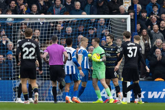 BRIGHTON, ENGLAND - JANUARY 31: Jan Paul van Hecke of Brighton & Hove Albion argues with Everton goalkeeper Jordan Pickford during the Premier League match between Brighton & Hove Albion and Everton at Amex Stadium on January 31, 2026 in Brighton, England. (Photo by Ben Peters) SPO  Copyright: xBenxPeters