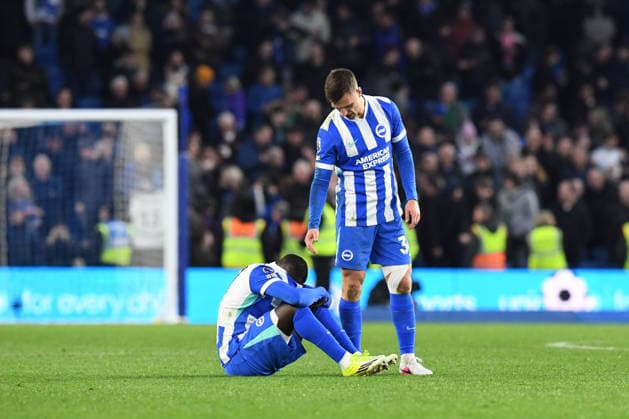 Brighton and Hove Albion v Everton, Premier League Pascal Gross Midfielder of Brighton and Hove Albion tries to consol Yankuba Minteh Forward of Brighton and Hove Albion following the Premier League match between Brighton and Hove Albion and Everton at the American Express Stadium, Brighton and Hove, UK on 31 January 2026. Brighton and Hove American Express Stadium East Sussex UK Editorial use only DataCo restrictions apply See www.football-dataco.com , Copyright: xJeffxMoodx PSI-23658-0118