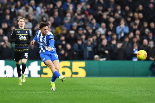Brighton and Hove Albion v Everton, Premier League Charalampos Kostoulas Forward of Brighton and Hove Albion plays a long ball during the Premier League match between Brighton and Hove Albion and Everton at the American Express Stadium, Brighton and Hove, UK on 31 January 2026. Brighton and Hove American Express Stadium East Sussex UK Editorial use only DataCo restrictions apply See www.football-dataco.com , Copyright: xJeffxMoodx PSI-23658-0087